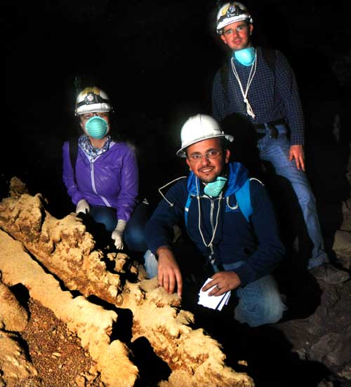 Inside Hibashi Cave: Kneeling, Ibrahim Alabdulmohsin, standing Nabil Masmoudi and...who's that masked girl?
