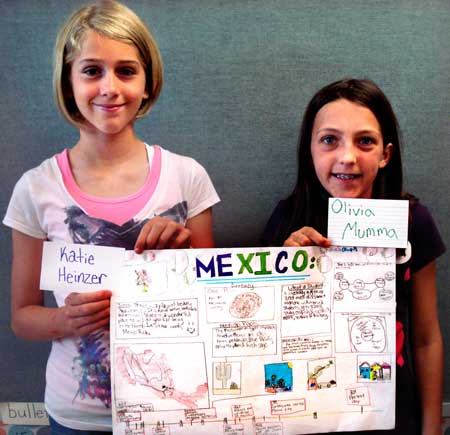 Fifth-graders Katie Heinzer and Olivia Mumma with a poster which says, “Mexico rocks!”