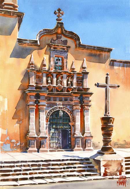 Watercolor of church facade by Jorge Monroy